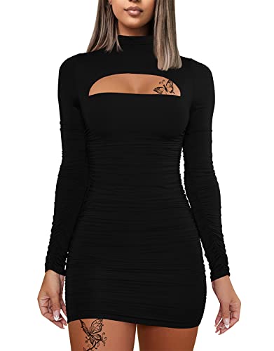 DAAWENXI Women's Sexy Long Sleeve Cut Out Bodycon Ruched Party Club Mini Dress