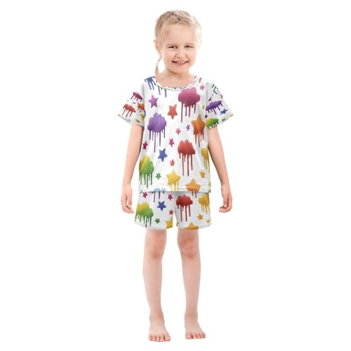 Pajama Sets Short Sleeve Dripping Clouds Stars Colorful Soft Cotton Summer Sleepwear 2 Piece PJS Size 5-14T4