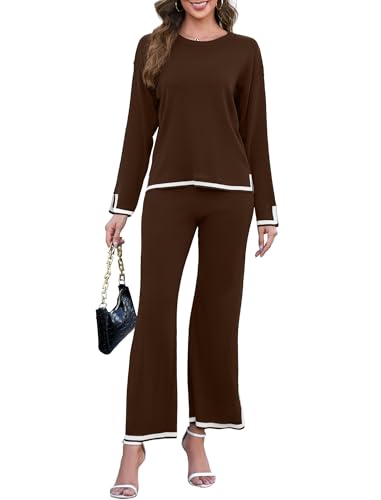 Womens 2 Piece Outfits Long Sleeve Knit Sweater Sets Knit Pullover Tops Wide Leg Pants Lounge Sets Tracksuits