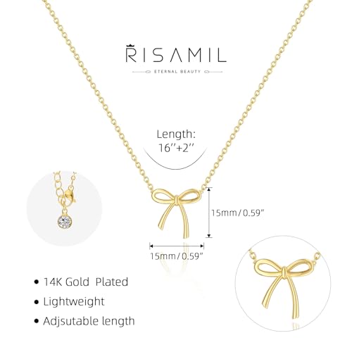 image for Risamil Gold Necklace for Women- Bow Necklace 14K Gold Necklace Dainty