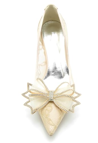 Minishion Womens Slip on Wedding Shoes Lace Pointed Toe Evening Formal Pumps with Bows BR0474