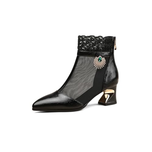 TinaCus Pointed Toe Genuine Leather & Mesh Handmade Lace Low Chunky Heels Ankle Boots with Zipper