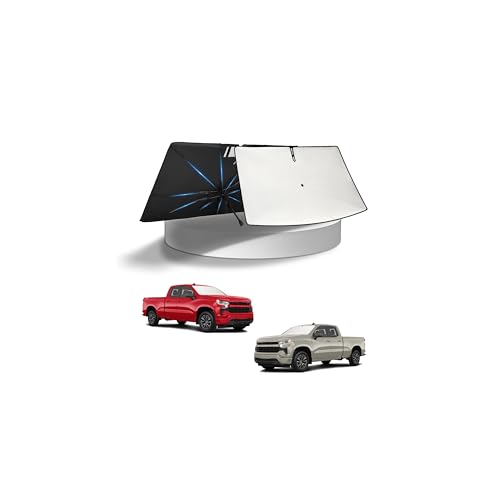 Image of KUST Sun Shade Umbrella for 2019-2026 Chevrolet Silverado 1500 / GMC Sierra 1500 2500, 2020-2026 Silverado 2500 3500 | Custom Fit Windshield Sunshade with Bendable Handle | Blocks UV Rays