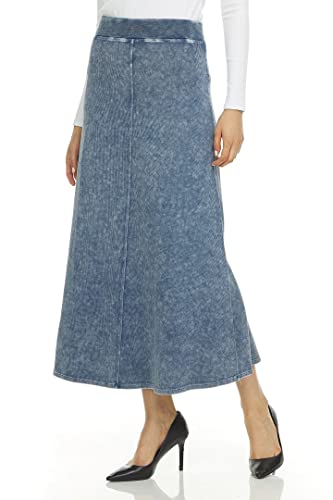 Womens Rib Denim Wash Long Maxi Skirt w/Wide Waistband4