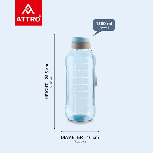 Image of ATTRO Ultra Pro Motivational 1.5-Liter BPA-Free Water Bottle with Leak-Proof Flip-Top Cap, Nylon Strap and Stylish Color for Daily Hydration- Blue-Set Of 6