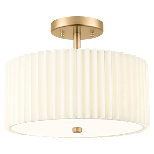 Image of Gold Semi Flush Mount Ceiling Light, 3-Light 12.5 inch Ceiling Light Fixture with White Pleated Fabric Shade, Drum Lamp for Nursery Hallway Bedroom Kitchen, AD-25036-3SF-GD