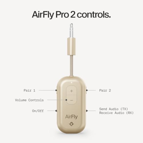 Image of Twelve South AirFly Pro | Bluetooth Wireless Transmitter /Receiver Adapter for 2 Headphones, Audio Sharing, Compatible with 3.5mm aux Jack for Airplanes, TV, Gym, Stereo, and Travel, Gold