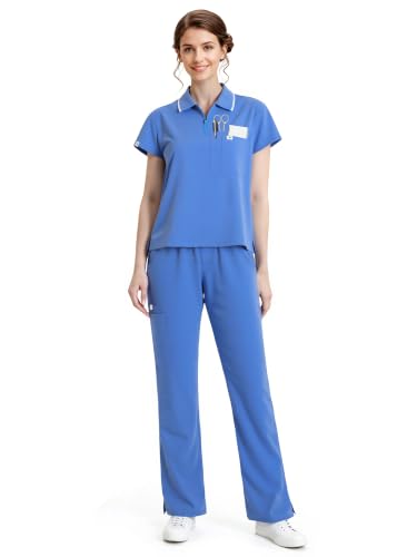 Image of Scrubs for Women, Short Length Zip Polo & Straight Pant 8 Pockets