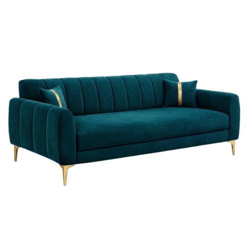 Image of Hermione Luxe Velvet-Suede Fabric 3 Seater + 1 Seater + 1 Seater Sofa Set | Golden Legs | Comfortable & Spacious Seating | Modern Sofa Set for Living Room - Green Teal