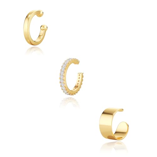 Moodear Thin Chunky Ear Cuffs Non Piercing for Women - Dainty 14K Gold Plated/Sterling Silver Cuff Earrings Trendy Cubic Zirconia Huggie Hoop Cartilage Earring Jewelry Gifts, Brass, Cubic Zirconia