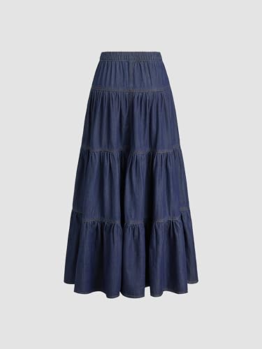 Image of CIDER Women's Long Jean Denim Tiered Button Down High Waisted Maxi Skirts