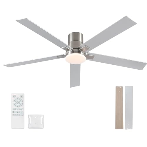 Image of 60 Inch Flush Mount Brushed Nickel Ceiling Fans with Lights and Remote