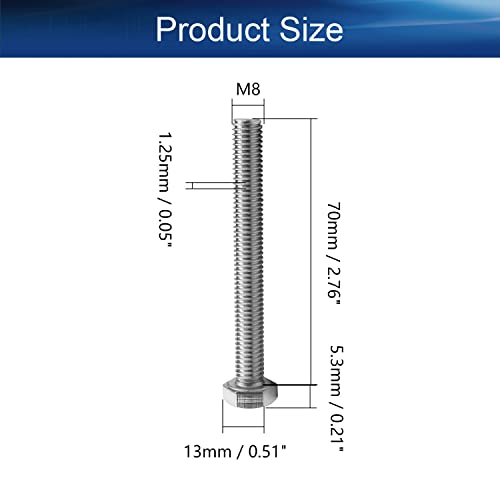 Image of Bettomshin 6Pcs M8 x 70mm Hex Bolts, 304 Stainless Steel 1.25mm Thread Pitch Fully Threaded Metric Hex Head Screw Bolts, Hexagon Screw Bolt, Hex Tap Bolts, Silver, A2-70 (Overall Size 75.3x13x13mm)