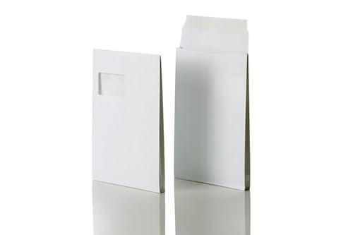 POSTHORN Faltentaschen C4 mit Fenster (100 Stück) | haftklebende Versandtaschen A4 mit Klotzboden | Versandtasche C4 aus weißem Kraftpapier | 324x229x40 mm | 150g/m²