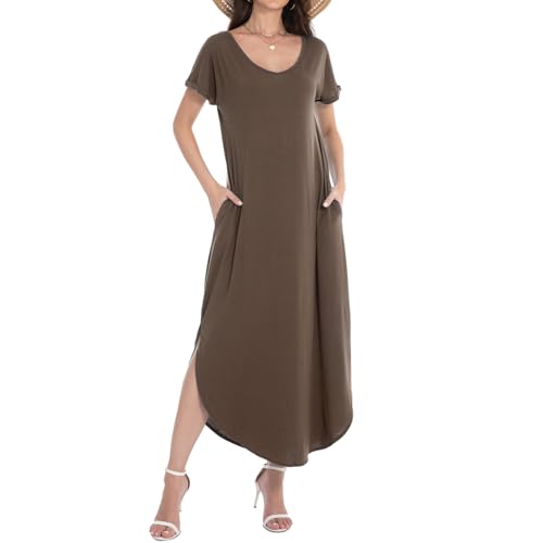 Image of Matchstick Women's Flowy Maxi Dress V-Neck Relaxed Loose Fit Short Sleeve Casual Sundress with Pockets Side Split Beach Dress