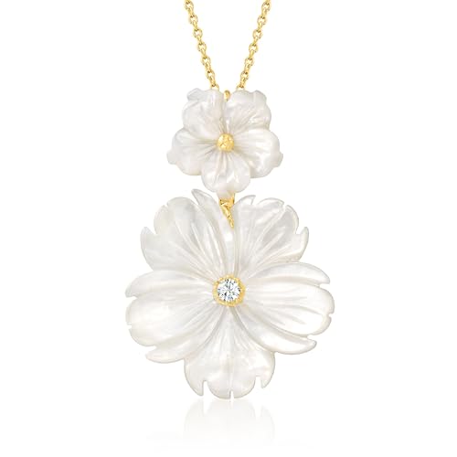 Ross-Simons Mother-Of-Pearl and .10 Carat White Topaz Flower Pendant Necklace in 18kt Gold Over Sterling. 16 inches