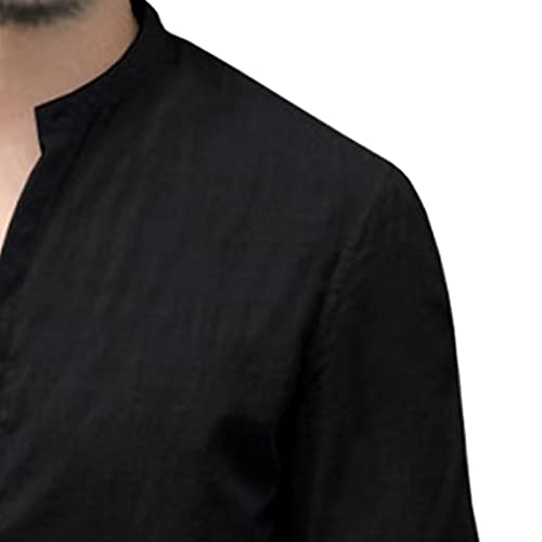 Men's Stand-Up Collar Cotton Linen Long-Sleeved Shirt V Neck Casual Beach Casual Button Shirt Summer Yoga Tops3