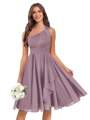 Short One Shoulder Bridesmaid Dresses for Women Chiffon Ruched Ruffles A Line Formal Evening Gown
