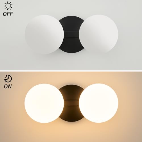 Image of Black Globe Wall Sconce,Vanities Lights with 2 Milk Glass Shades | 6 inch Modern Spherical Vanity Sconces,Contemporary Small Brass Ball Lights Fixture for Entryway Bedside Bathroom,E26 Base