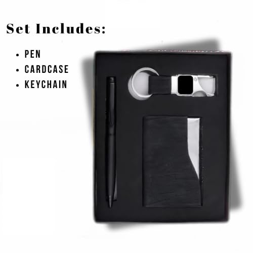 Image of 3 in 1 Personalized Keychain with Pen & Cardcase Combo Gift Set | Custom Name Engraved Leather Notebook with Premium Metal Pen | Ideal for Office, Corporate & Personal Gifting (Black)