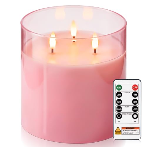 Image of Homemory 6x6 Extra Large Flameless Candle with 3 Wicks, Pink Glass LED Pillar Candle, Real Wax Battery Operated Candle with Remote and Timer, Flickering Flameless Candle Home Wedding Valentine Decor