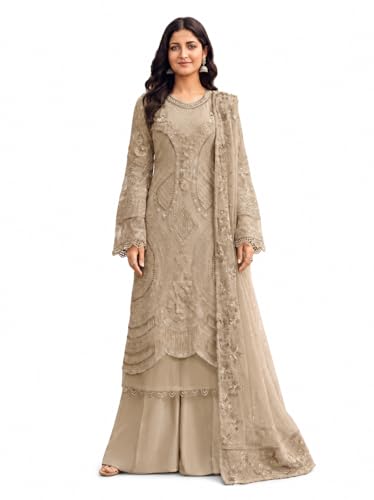 Image of RUDRAPRAYAG Women's Georgette Fabric Wih Embroidered Sequence Work And On Neck Moti Hand Work Semi Stitched Sharara Salwar Suit With Dupatta Set