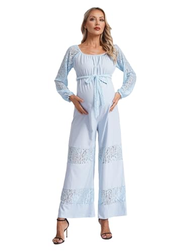 TTAO Mono de maternidad con mangas de encaje, elegante, cintura alta, cóctel, fiesta, monos festivos, traje de pantalón con lazo y cinturón, azul, L