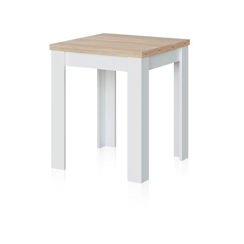 duehome | Mesa Auxiliar Extensible, Mesa Cocina, Acabado en Color Blanco Artik y Roble Canadian, Modelo Giro, Medidas: 67-134 cm (Ancho) x 67 cm (Fondo) x 79 cm (Alto)