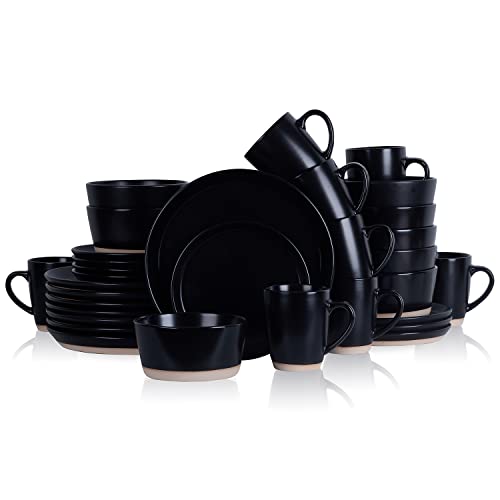 Image of Stone Lain Jules Stoneware 32-Piece Modern Dinnerware Set, Plates and Bowls, Service for 8, Black, Microwave & Dishwasher Safe