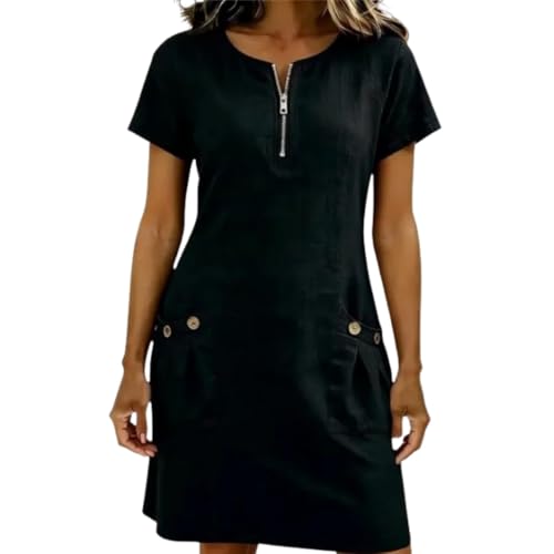 2026 Women's Casual Summer Dress, Solid Color Round Neck Short Sleeve A-Line with Side Pockets (Black,M) [���s�A���i]