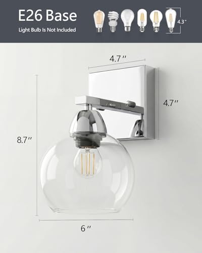 Image of Bathroom Light Fixtures, 1-Light Silver Vanity Light with Hand-Blown Thick Glass Shade, High Clarity & Durable, Wall Sconce for Mirror, Kitchen, Bedroom, Hallway