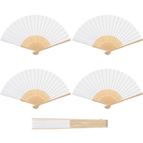 Bekecidi 4 Abanicos Plegables de Tela de Seda con Varillas de Bambú, Abanico de Mano de Papel Blanco, Abanico Chino Plegable para Bodas, Fiestas de Navidad, Graduaciones y Decoración del Hogar