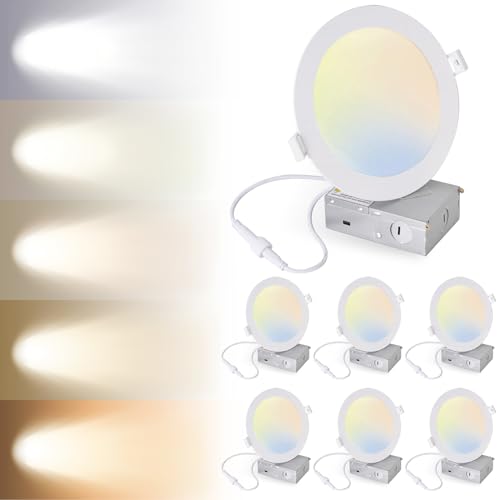 YRPOPP 6 Pack 6 Inch Ultra-Thin Led Recessed Ceiling Lights with Junction Box, Dimmable Led Lights, 2700K/3000K/3500K/4000K/5000K 5CCT Selectable, 1100LM Brightness,12W Eqv 120W