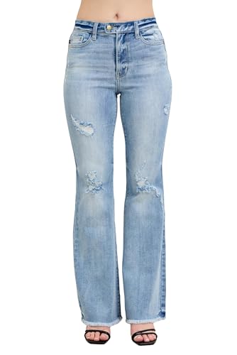 Judy Blue Women's High-Rise Distressed Raw Hem Flare Jeans with Shield Pockets