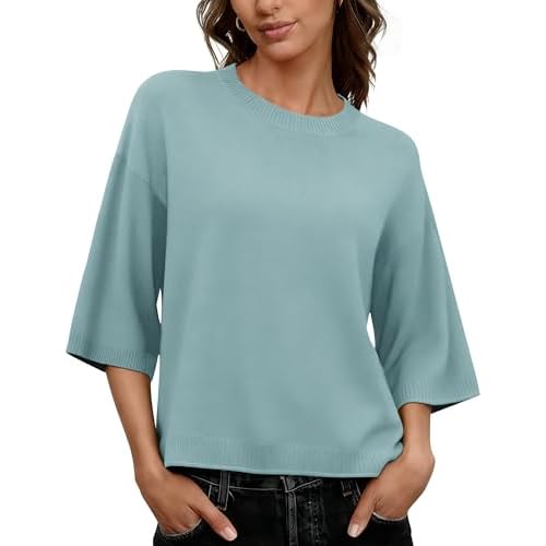 LOMON Womens Sweaters Dressy Casual 3/4 Length Sleeve Sweater Crewneck Lightweight Knit Tops Loose fit 1-lake Blue X-Large