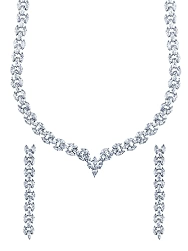 Image of Yellow Chimes Jewellery Set for Women Rhodium Plated Cubic Zircon Silver Necklace with Earring Set Floral Design Classic CZ Stoned Jewellery Set for Women and Girls