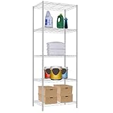 Home Basics 5 Tier Wire Shelving Unit, (White) Steel Storage Shelves | Tall Wire Shelf | for Food, Laundry Supplies, Paint, Hardware, and More