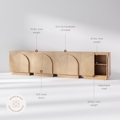 Image of Nathan James Iris Mid-Century Modern Buffet Sideboard Credenza TV Stand, Wood Storage Cabinet with Arched Doors for Kitchen or Living Room, Raw Oak, Set of 4