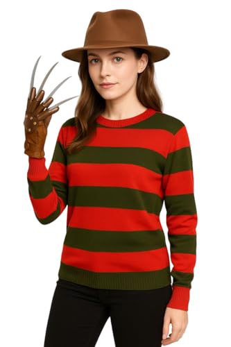 labreeze Women’s Freddy Krueger Style Fancy Dress Costume – Brown Explorer Hat & Brown Claw Glove Set – Halloween Horror Outfit for Adults, Scary Movie Villain Cosplay & Fancy Dress Accessory