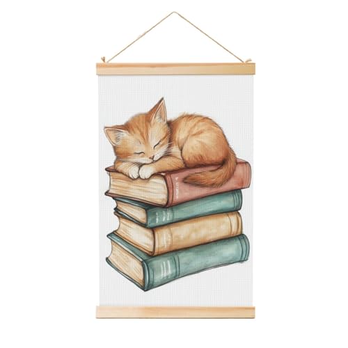 Woshuwo Gattino addormentato sui libri dipinto da appendere in lino, arte da parete in lino, opera d'arte moderna, decorazione per fattoria, 40 x 60 cm