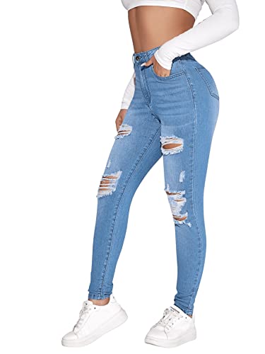 SweatyRocks Women's Casual High Rise Ripped Jeans Zipper Fly Skinny Denim Pants3