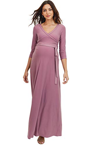 Women's Maternity Dress Maxi Long Length with Belt for Baby Shower, Photoshoot (¾ Mauve Solid,L)