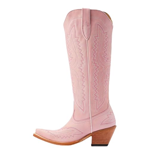 Western Women's Cowboy Boots Fashion Knee-High Boots with Classic Embroidery Side Zipper and Chunky Heel Pointy Toe Dress Boots