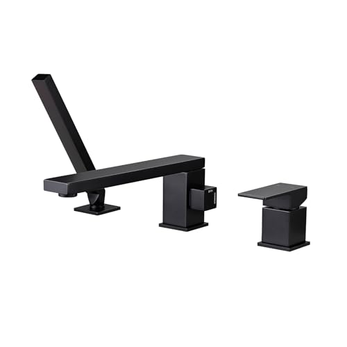 DEOLER Matte Black Roman Tub Faucet with Handheld Shower, 3-Hole Deck Mount Modern Tub Filler Set, Solid Brass High-Flow Aerated Spout Bathtub Faucet with Single Lever Handle
