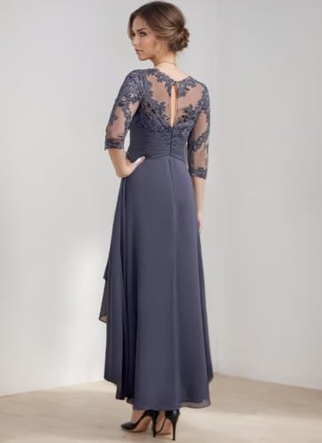 Image of GDJDIFK Tea Length Chiffon Mother of The Bride Dresses - Lace Applique 3 /4 Sleeves Ruched Waist Formal Gown for Wedding Guest Yellow