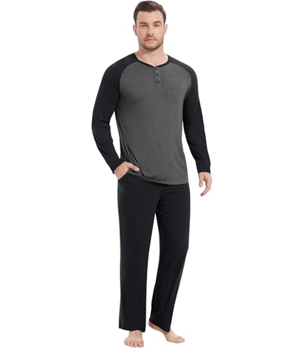 Image of NACHILA Mens Pajamas Set Viscose Made from Bamboo Henley Top Sleep Pants | Henley Top,Soft pants,Tagless Comfort,Moisture Wicking,Ultra silky, All season Loungewear Set, Jogger Sweatpant,Match set