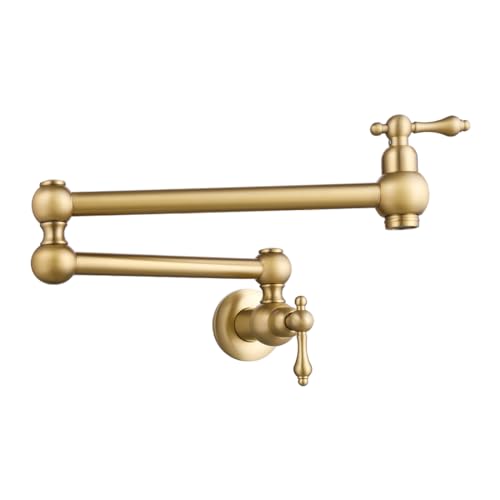 RALANDA Gold Pot Filler Brushed Brass Pot Filler Faucet Wall Mount Potfiller Vintage Pot Filler Over The Stove Faucet with Two Handles Strechable Double Joint Swing Arms