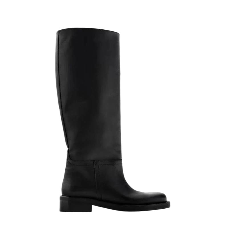 Womens Black Leather Knee High Boots Low Block Heel Round Toe Elegant Commuting Boots Office Shoes