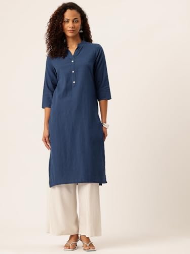 Image of feranoid Women's Plain Cotton Kurta with Mandarin Collar, 3 /4 Sleeves & Pocket
