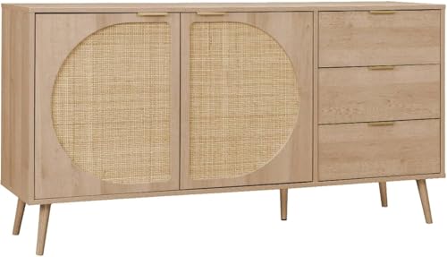 Image of Goldview Modern Wooden Sideboard Cabinet - Natural Oak Finish, Rattan Door Panels, 3 Storage Drawers, Contemporary Living Room Furniture